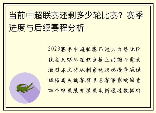 当前中超联赛还剩多少轮比赛？赛季进度与后续赛程分析