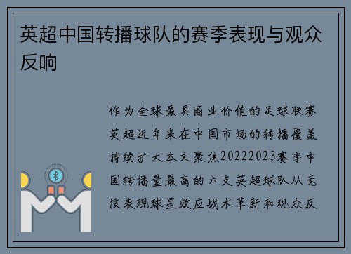 英超中国转播球队的赛季表现与观众反响