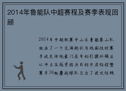 2014年鲁能队中超赛程及赛季表现回顾